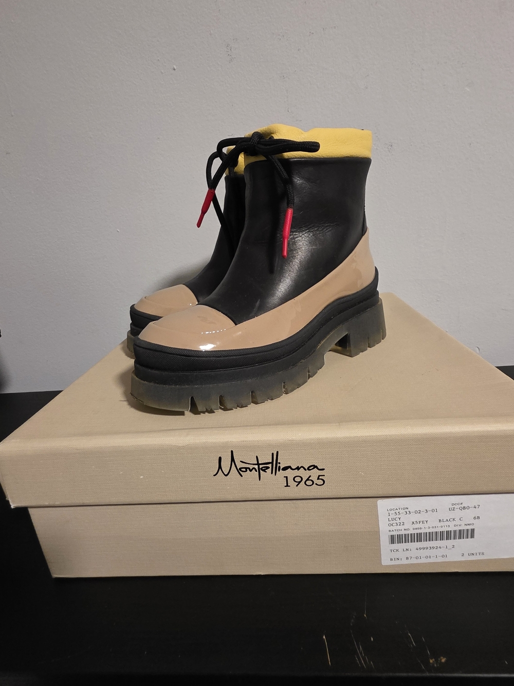 Montelliana Women’s Black & Beige Winter Rain Boots with Yellow Collar